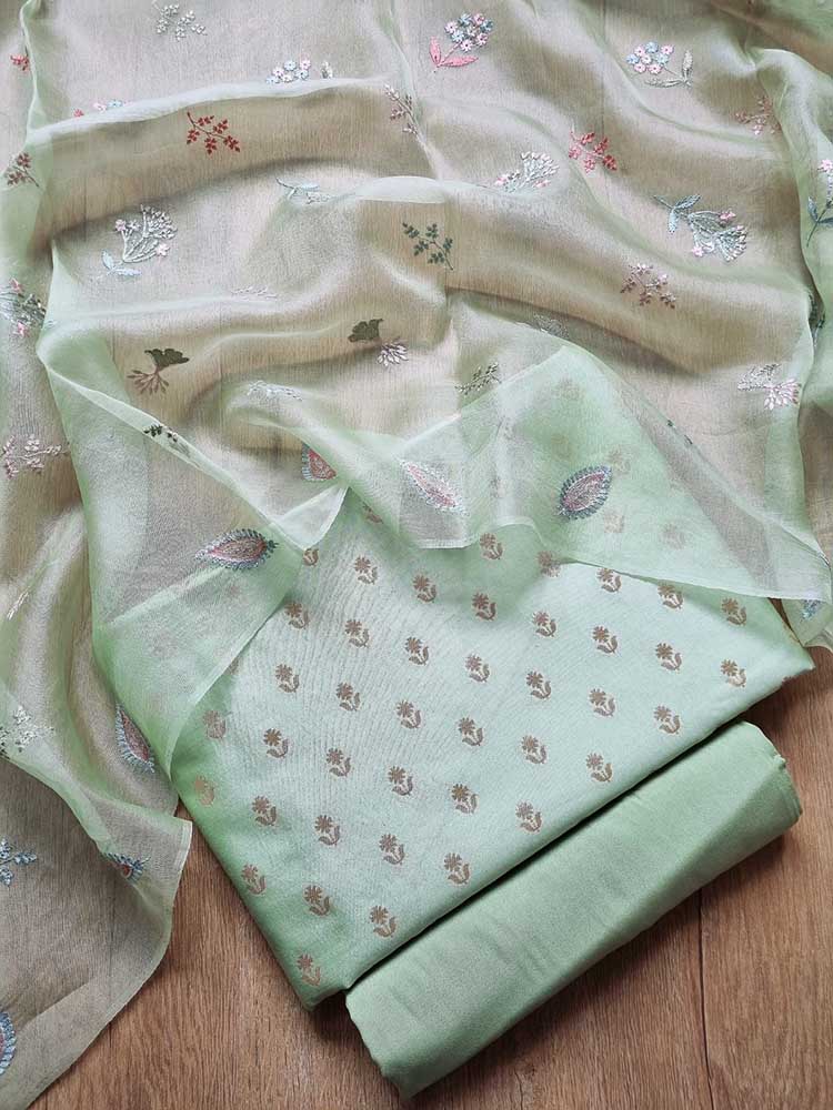 Green Banarasi Chiniya Silk Three Piece Unstitched Suit Set - Luxurion World