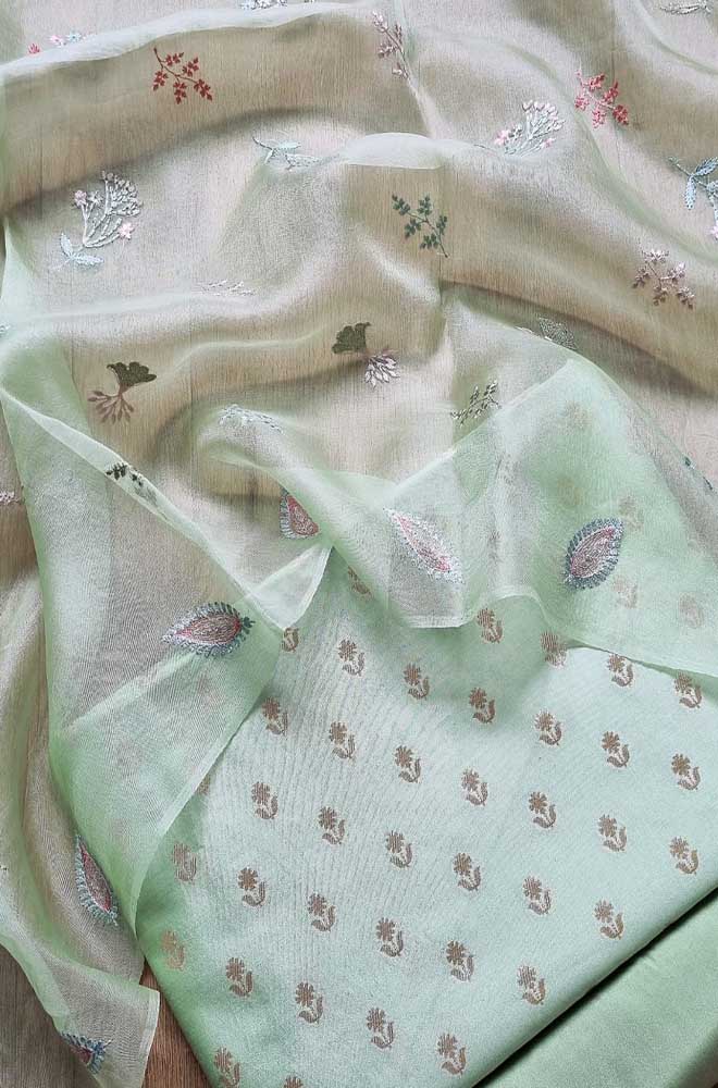 Green Banarasi Chiniya Silk Three Piece Unstitched Suit Set - Luxurion World