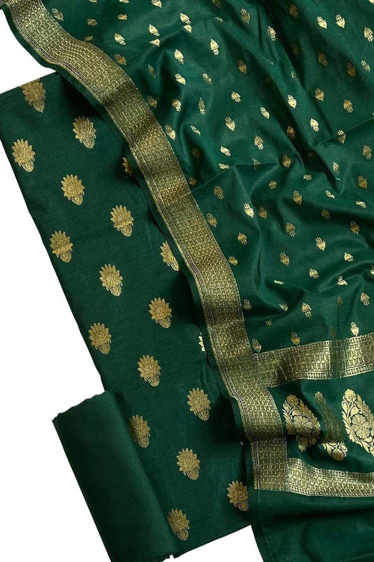 Green Banarasi Moonga Silk Three Piece Unstitched Suit Set - Luxurion World