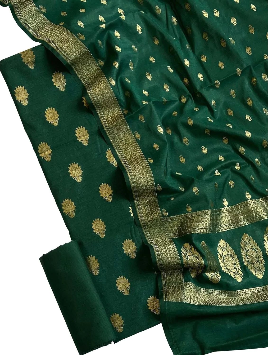 Green Banarasi Moonga Silk Three Piece Unstitched Suit Set Luxurionworld