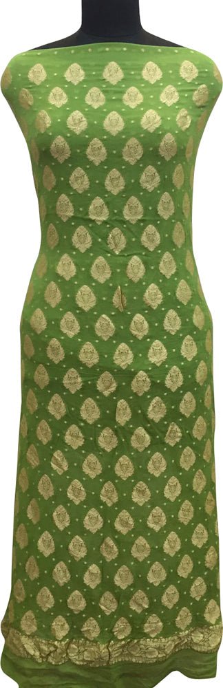 Green Banarasi Pure Georgette Two Piece Unstitched Leaf Design Suit Set - Luxurion World