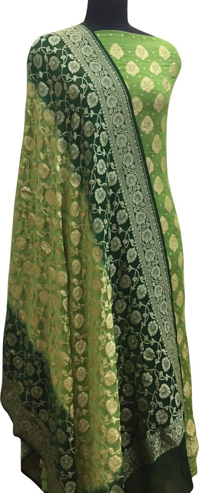 Green Banarasi Pure Georgette Two Piece Unstitched Leaf Design Suit Set - Luxurion World