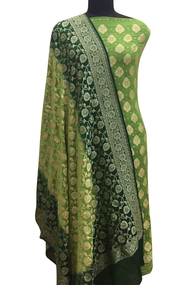 Green Banarasi Pure Georgette Two Piece Unstitched Leaf Design Suit Set - Luxurion World