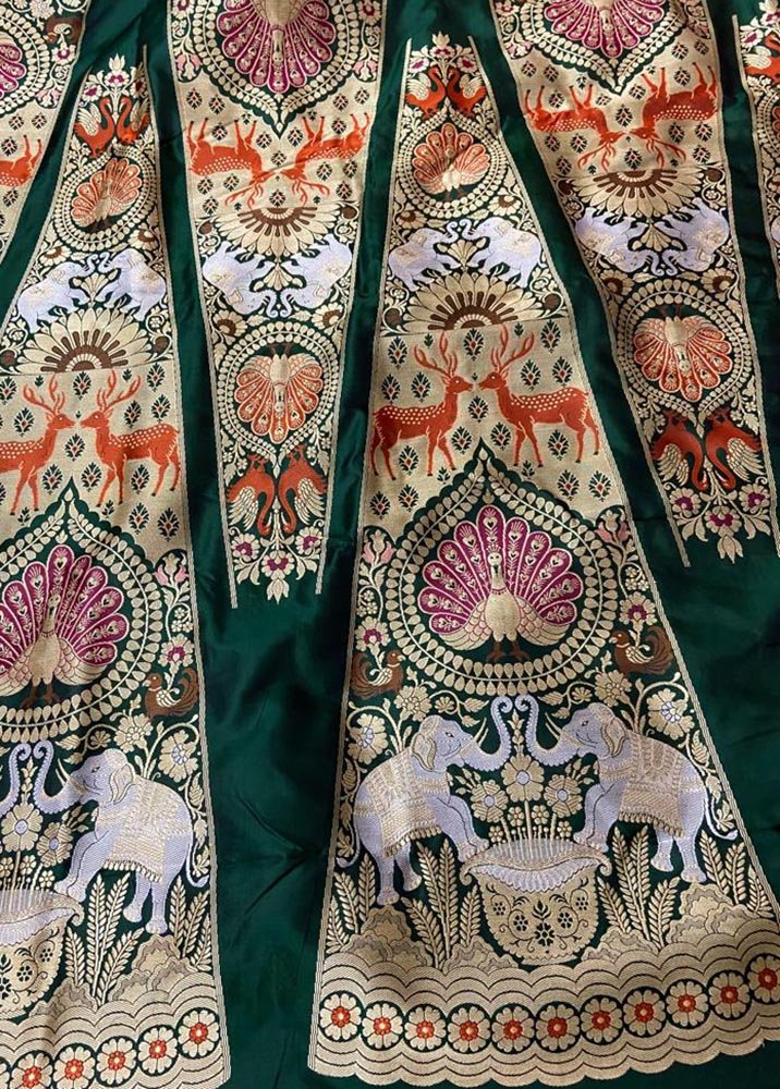 Green Banarasi Pure Katan Silk Unstitched Lehenga Set - Luxurion World