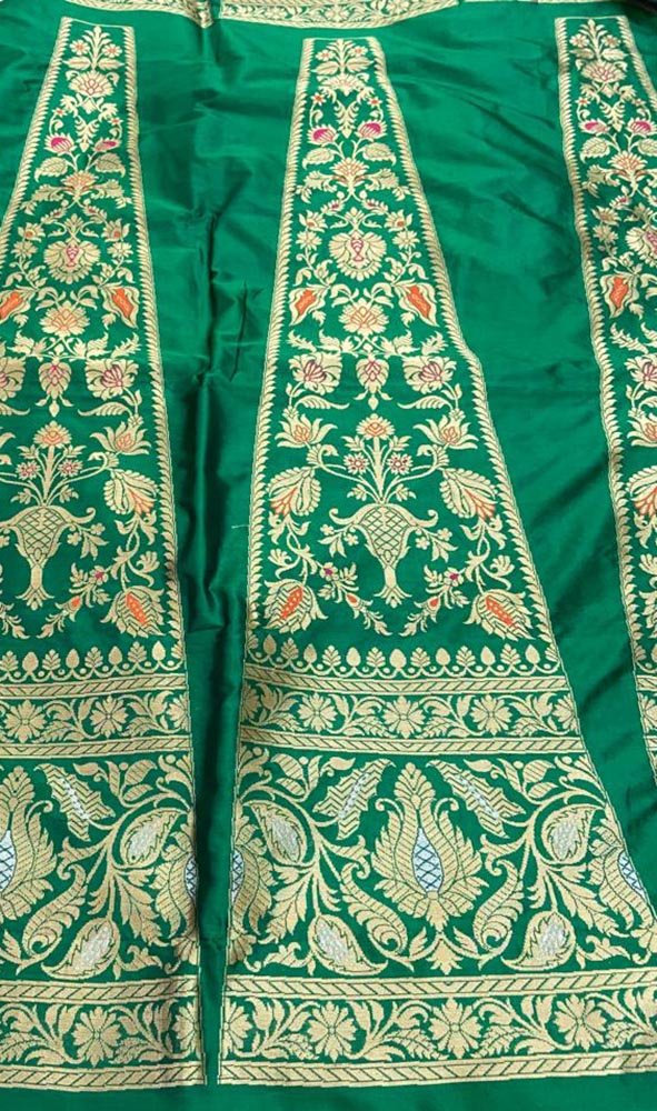 Green Banarasi Pure Katan Silk Unstitched Lehenga Set - Luxurion World