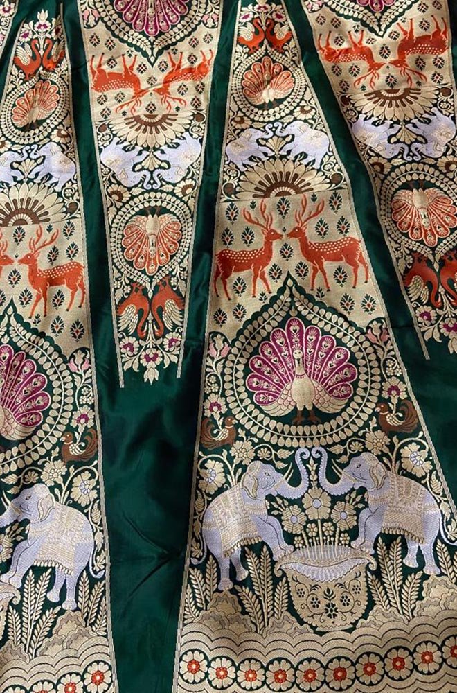 Green Banarasi Pure Katan Silk Unstitched Lehenga Set - Luxurion World