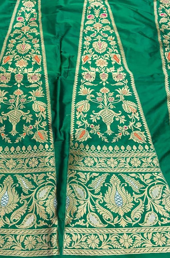 Green Banarasi Pure Katan Silk Unstitched Lehenga Set - Luxurion World