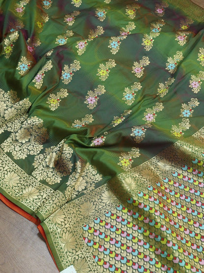 Green Banarasi Silk Floral Design Meenakari Saree - Luxurion World