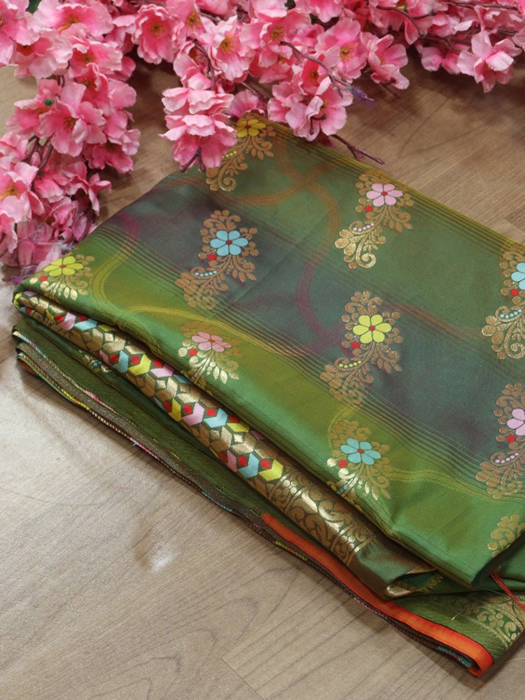 Green Banarasi Silk Floral Design Meenakari Saree