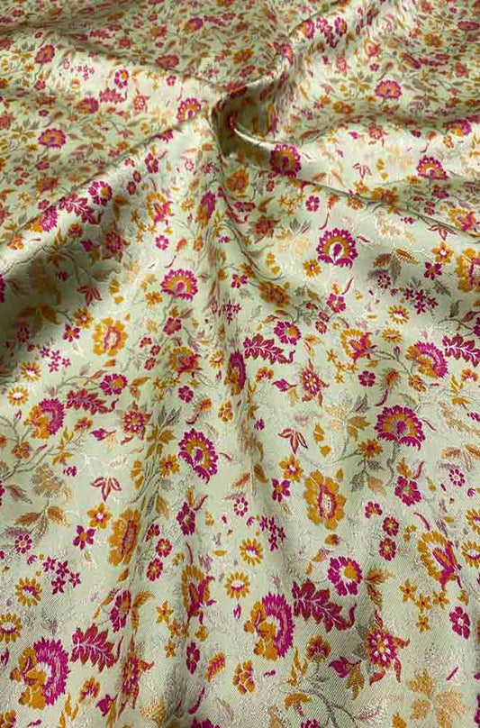 Green Banarasi Silk Meenakari Floral Design Fabric ( 1 Mtr ) - Luxurion World