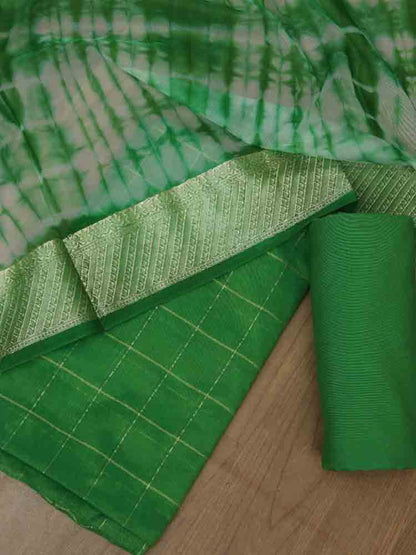 Green Banarasi Tie And Dye Chanderi Silk Three Piece Unstitched Suit Set - Luxurion World