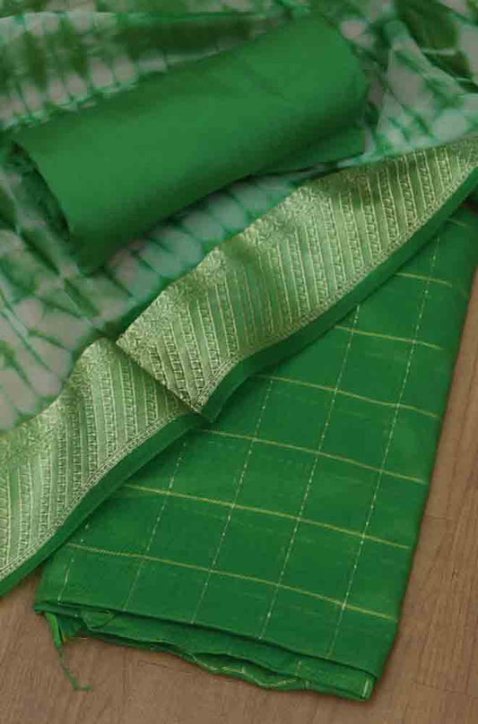 Green Banarasi Tie And Dye Chanderi Silk Three Piece Unstitched Suit Set - Luxurion World