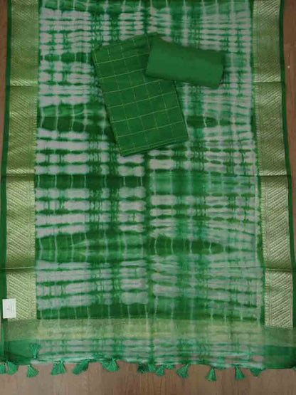 Green Banarasi Tie And Dye Chanderi Silk Three Piece Unstitched Suit Set
