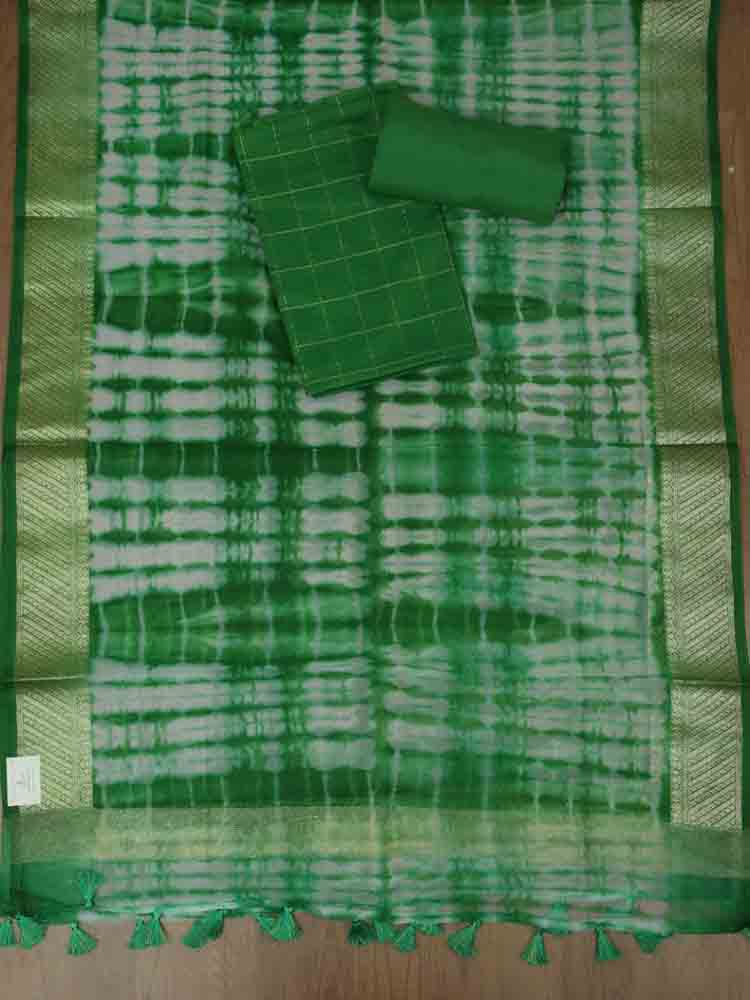 Green Banarasi Tie And Dye Chanderi Silk Three Piece Unstitched Suit Set - Luxurion World