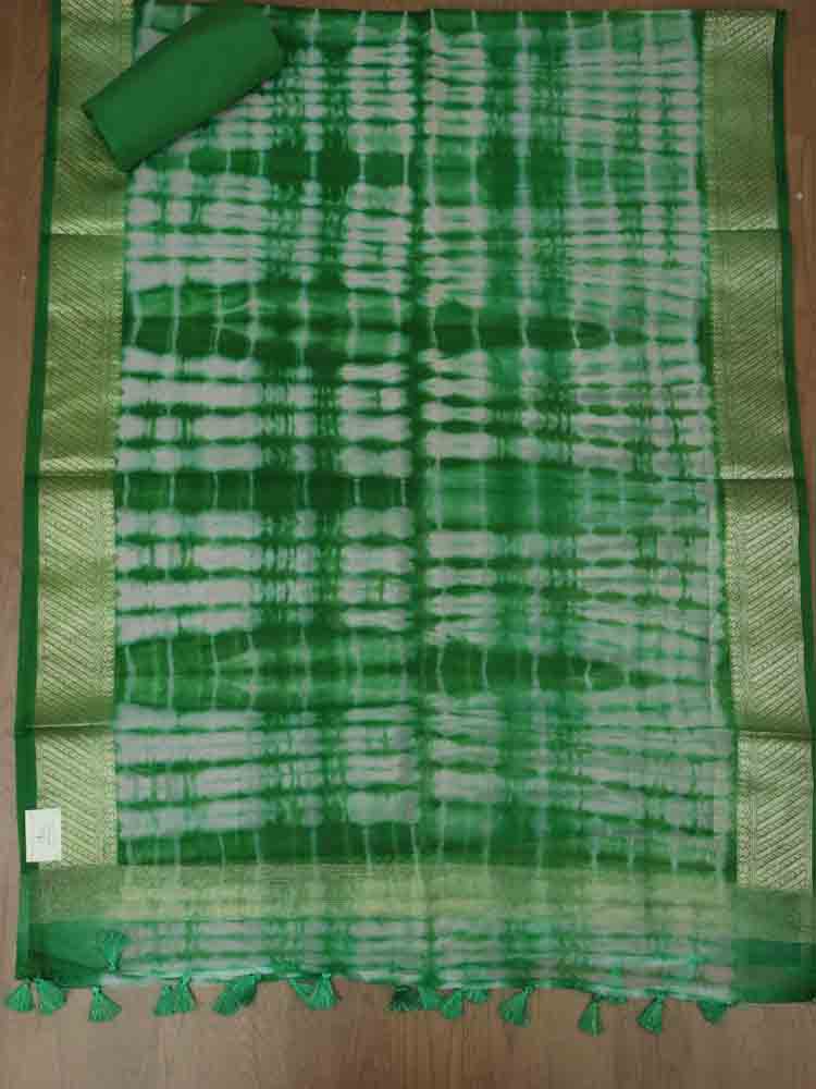 Green Banarasi Tie And Dye Chanderi Silk Three Piece Unstitched Suit Set - Luxurion World