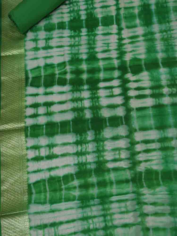 Green Banarasi Tie And Dye Chanderi Silk Three Piece Unstitched Suit Set