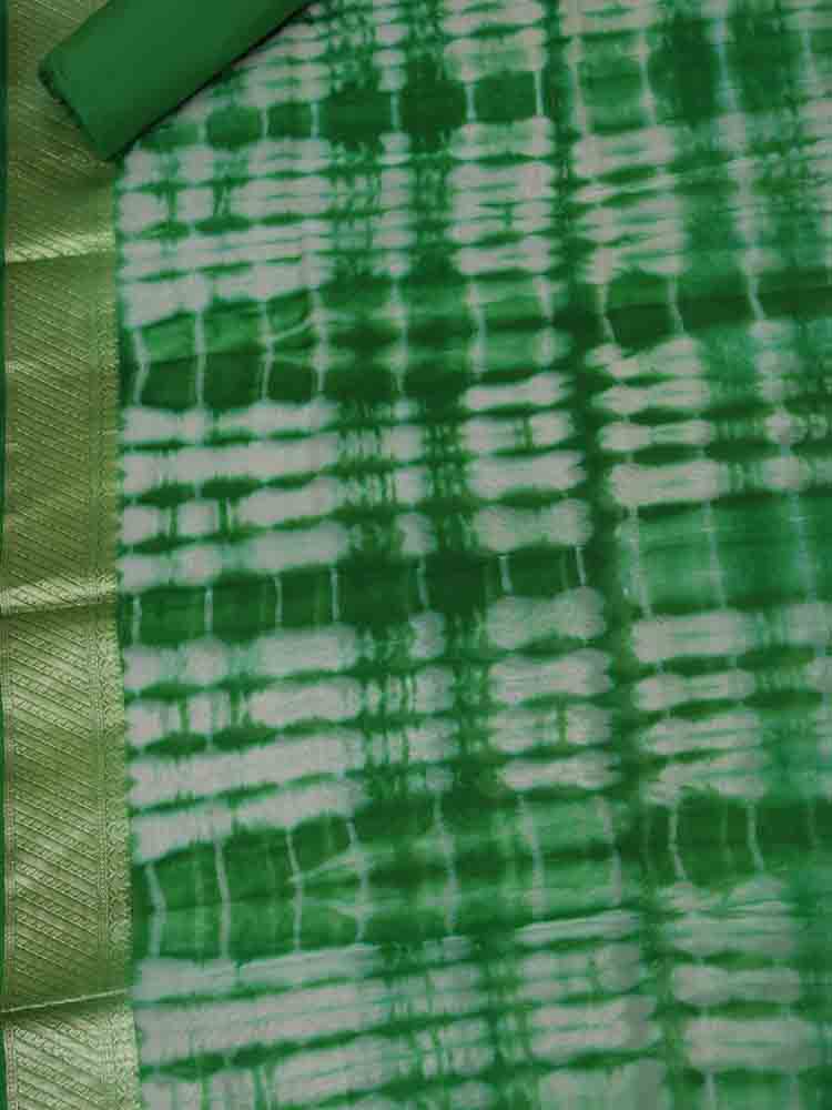 Green Banarasi Tie And Dye Chanderi Silk Three Piece Unstitched Suit Set - Luxurion World