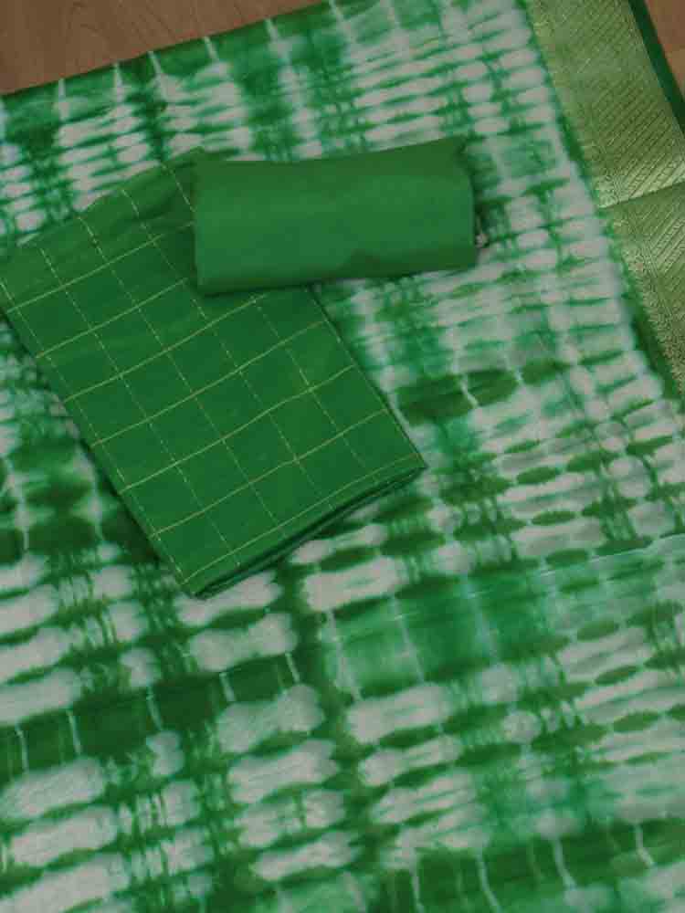 Green Banarasi Tie And Dye Chanderi Silk Three Piece Unstitched Suit Set - Luxurion World
