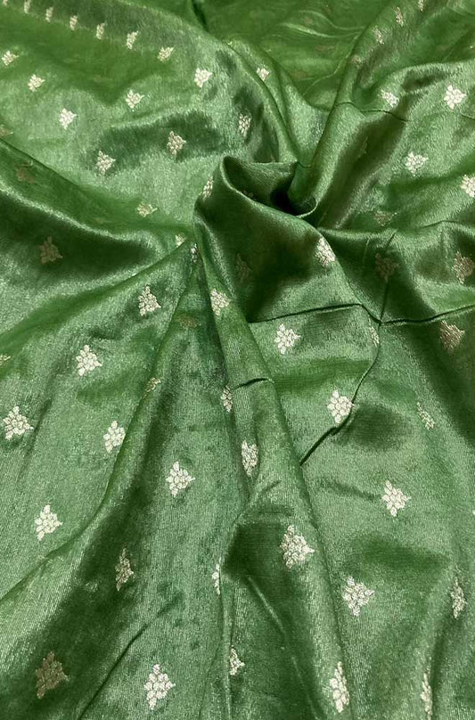 Green Banarasi Tissue Silk Zari Booti Design Fabric ( 1 Mtr ) - Luxurion World