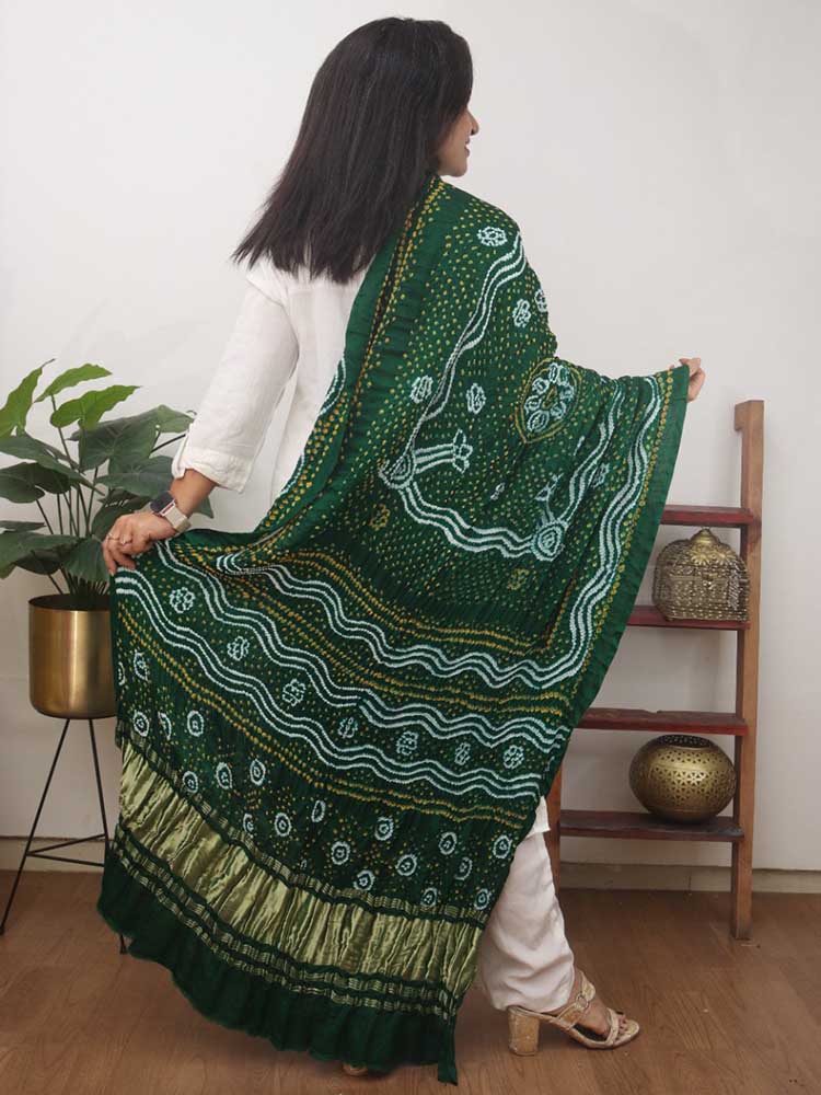 Green Bandhani Gajji Silk Dupatta - Luxurion World