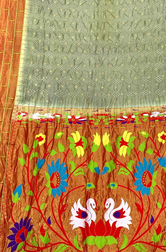 Green Bandhani Paithani Pure Silk Parrot And Floral Design Saree With Triple Muniya Border - Luxurion World