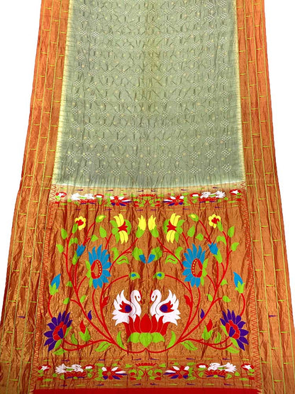 Green Bandhani Paithani Pure Silk Parrot And Floral Design Saree With Triple Muniya Border