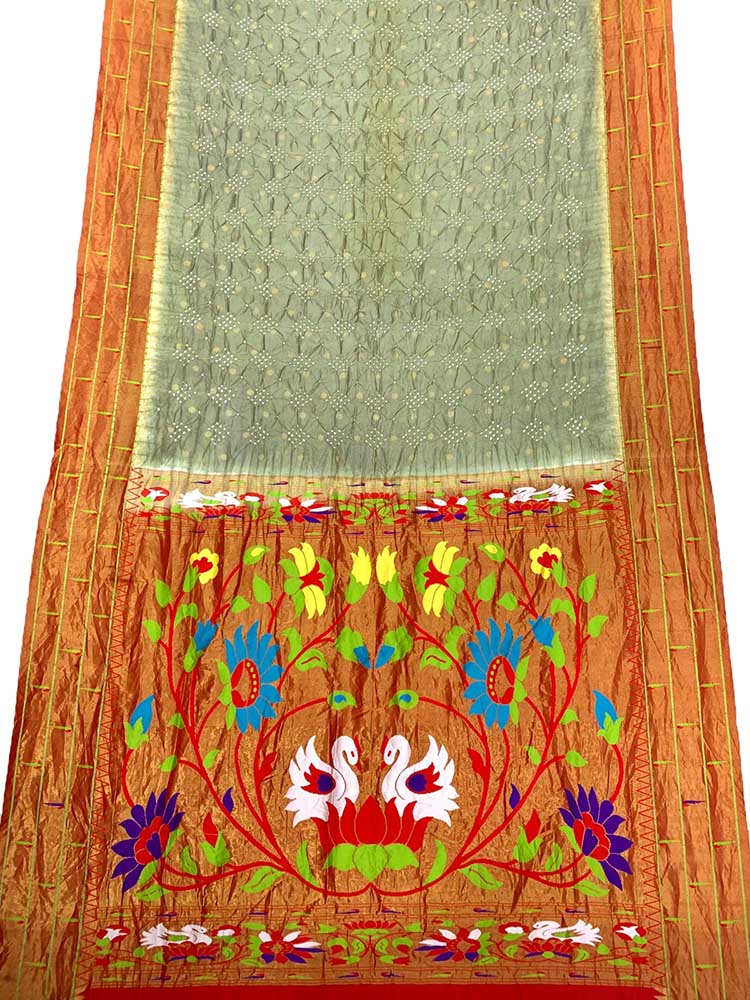 Green Bandhani Paithani Pure Silk Parrot And Floral Design Saree With Triple Muniya Border - Luxurion World