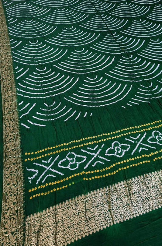 Green Bandhani Pure Gajji Silk Nakshi Bordar Dupatta - Luxurion World