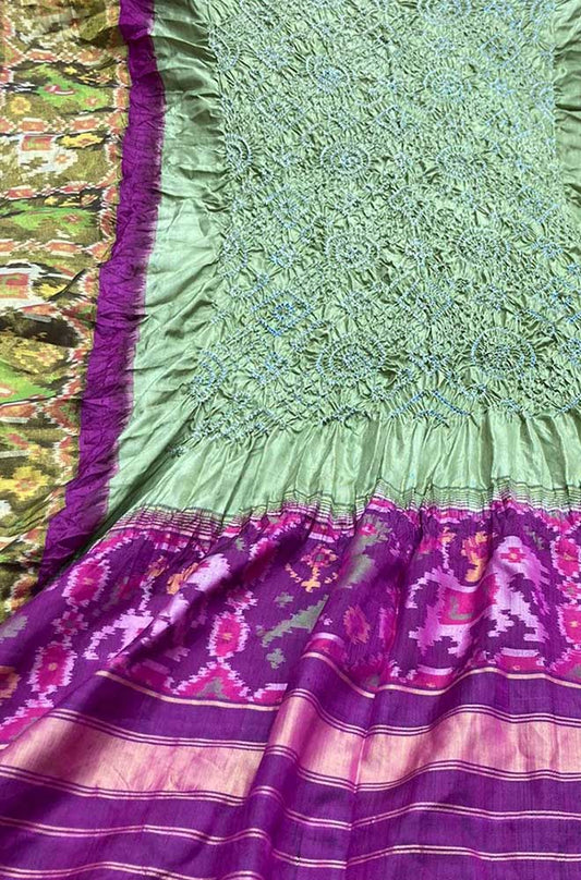 Green Bandhani Single Ikat Patola Pure Silk Dupatta - Luxurion World