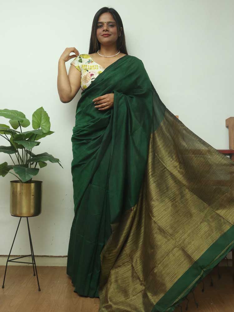 Green Bengal Plain Cotton Saree - Luxurion World