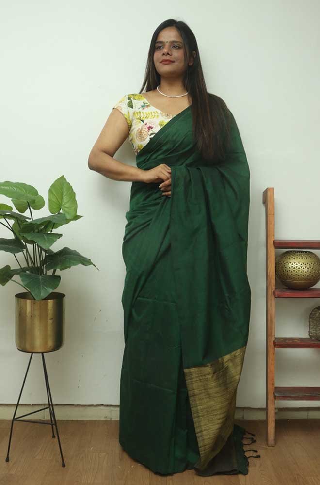 Green Bengal Plain Cotton Saree - Luxurion World