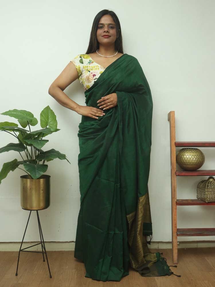 Green Bengal Plain Cotton Saree - Luxurion World