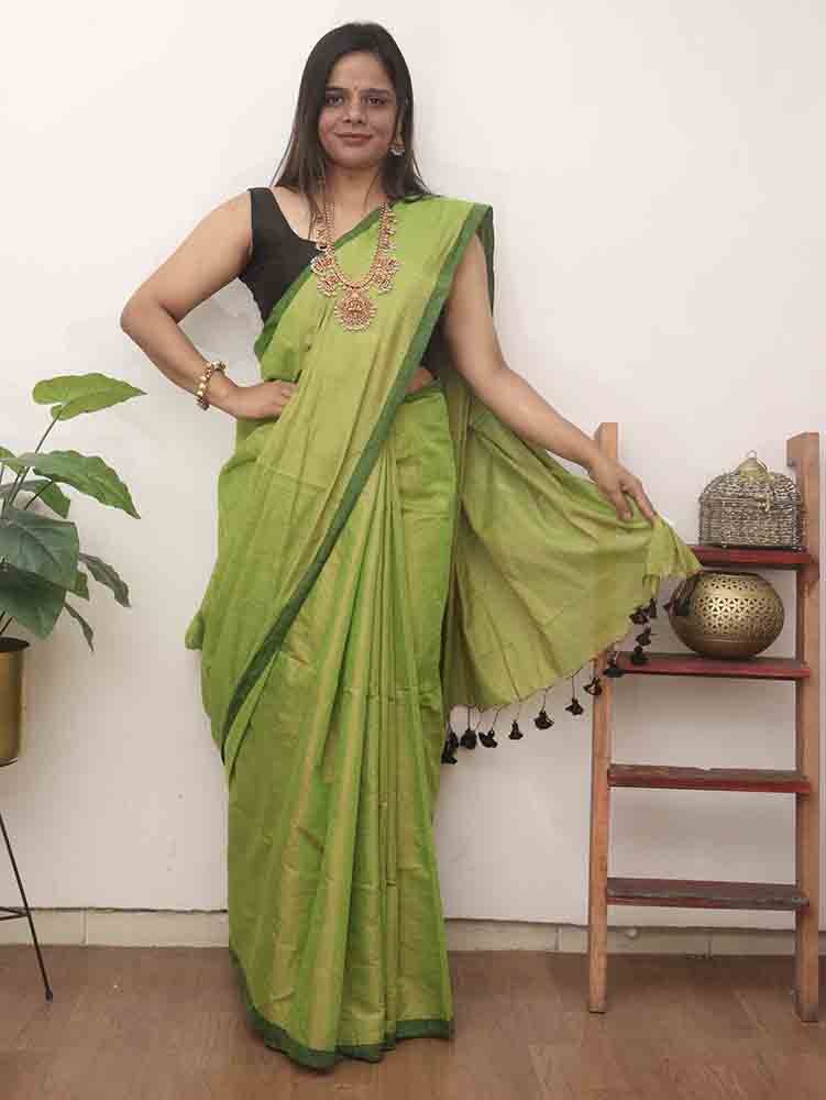 Green Bengal Plain Tissue Cotton Saree