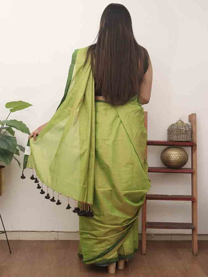 Green Bengal Plain Tissue Cotton Saree