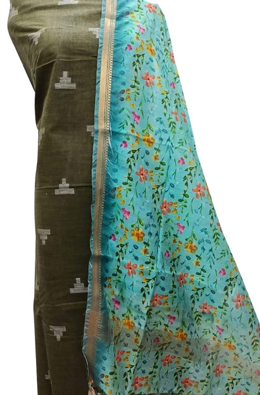 Green Bhagalpur Linen Two Piece Unstitched Suit Set With Digital Printed Dupatta - Luxurion World
