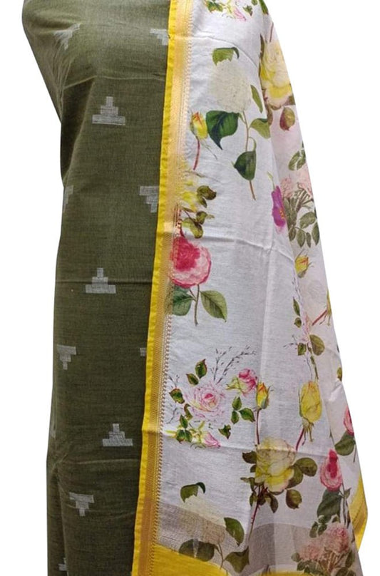 Green Bhagalpur Linen Two Piece Unstitched Suit Set With Digital Printed Dupatta - Luxurion World
