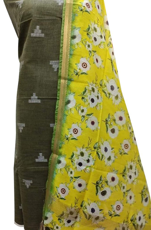 Green Bhagalpur Linen Two Piece Unstitched Suit Set With Digital Printed Dupatta - Luxurion World