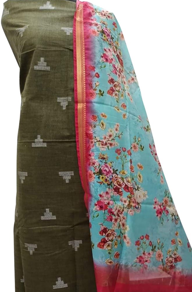 Green Bhagalpur Linen Two Piece Unstitched Suit Set With Digital Printed Dupatta - Luxurion World