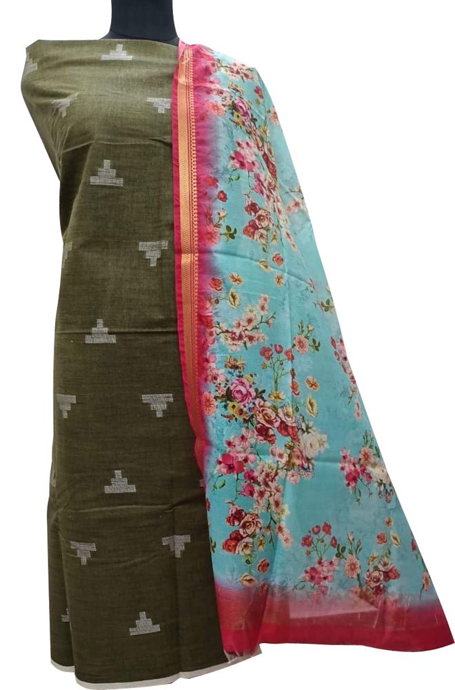 Green Bhagalpur Linen Two Piece Unstitched Suit Set With Digital Printed Dupatta - Luxurion World