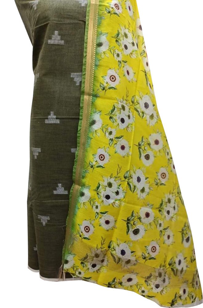 Green Bhagalpur Linen Two Piece Unstitched Suit Set With Digital Printed Dupatta - Luxurion World