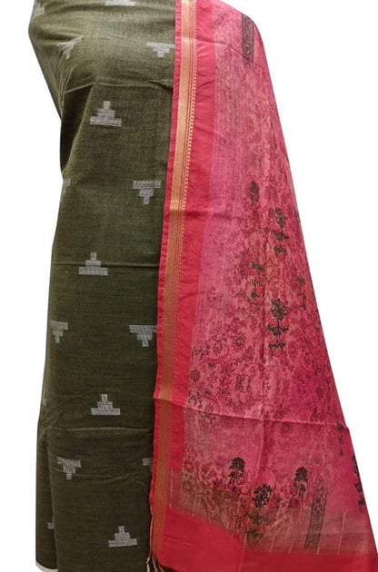 Green Bhagalpur Linen Two Piece Unstitched Suit Set With Digital Printed Dupatta