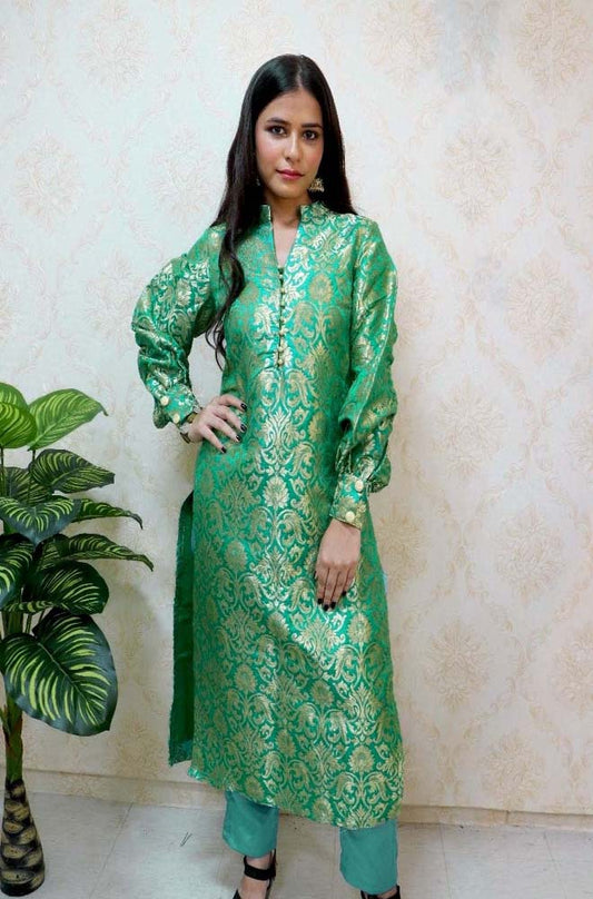 Green Brocade Silk Suit Set - Luxurion World