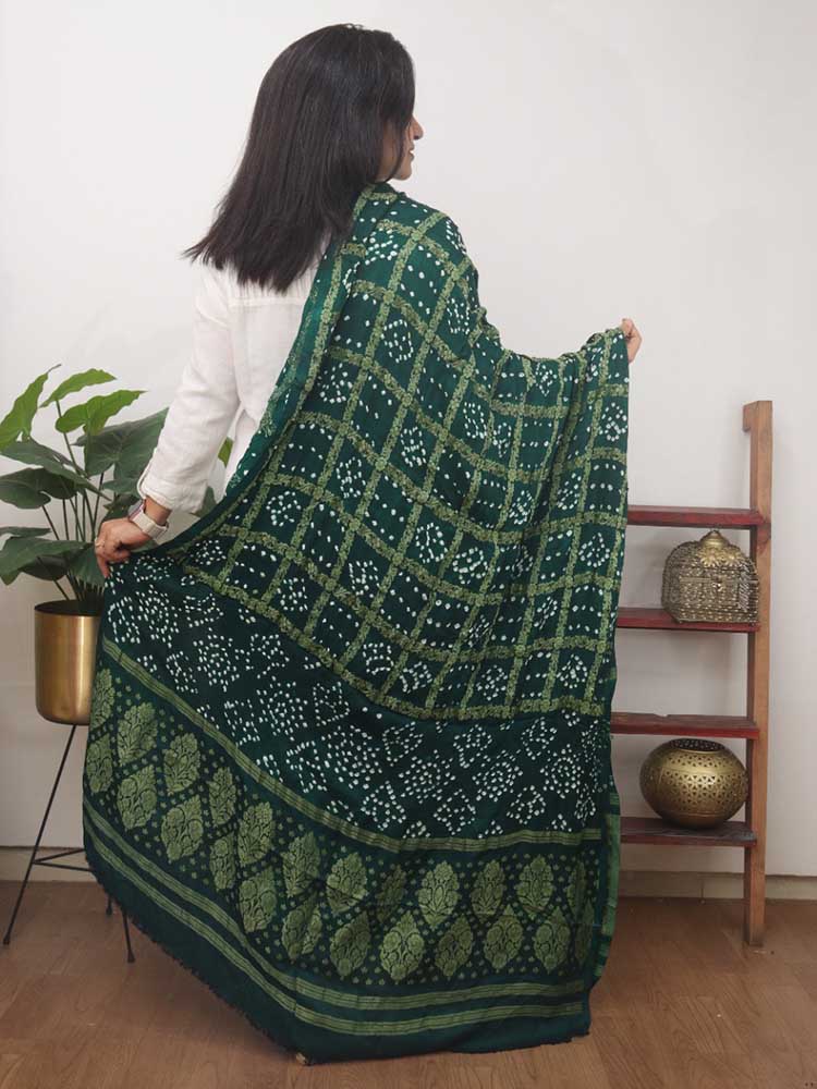 Green Checks Bandhani Gajji Silk Gharchola Dupatta - Luxurion World