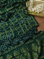 Green Checks Bandhani Gajji Silk Gharchola Dupatta - Luxurion World