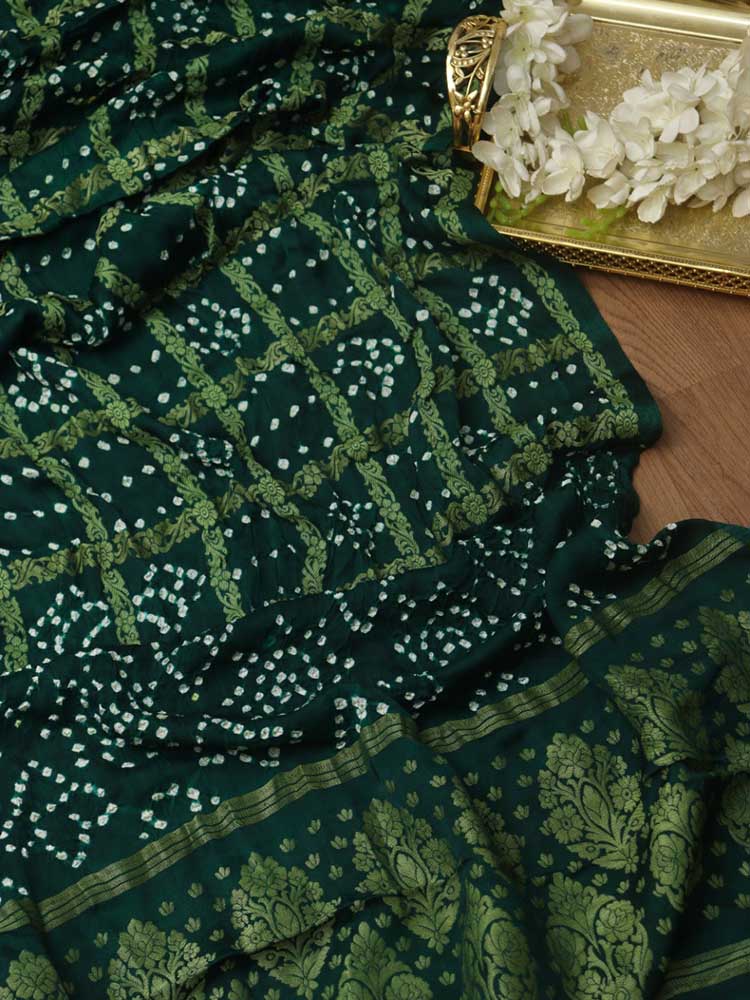 Green Checks Bandhani Gajji Silk Gharchola Dupatta - Luxurion World