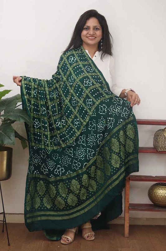 Green Checks Bandhani Gajji Silk Gharchola Dupatta - Luxurion World