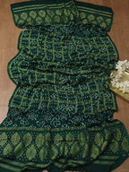 Green Checks Bandhani Gajji Silk Gharchola Dupatta - Luxurion World