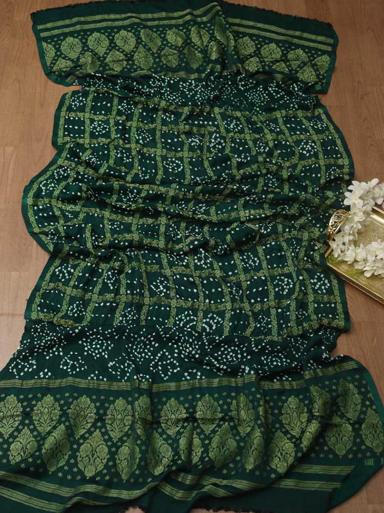 Green Checks Bandhani Gajji Silk Gharchola Dupatta - Luxurion World