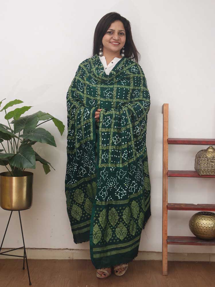 Green Checks Bandhani Gajji Silk Gharchola Dupatta - Luxurion World
