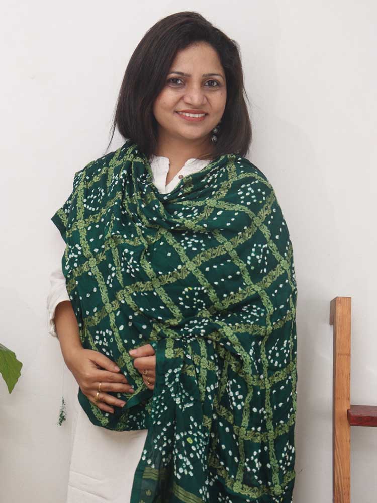Green Checks Bandhani Gajji Silk Gharchola Dupatta - Luxurion World